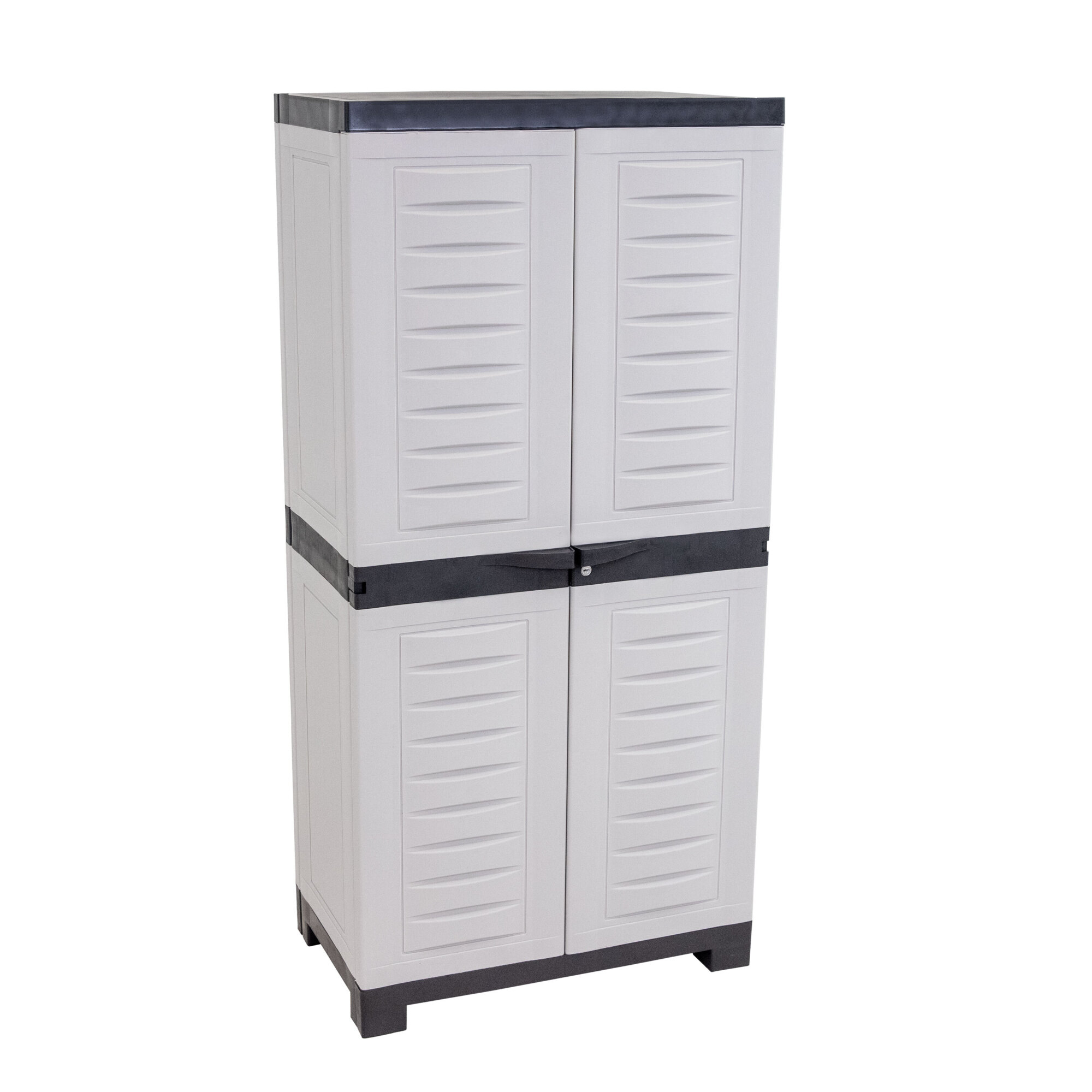Sunnydaze Plastic Lockable Storage Cabinet — 48.75in., 3 Adjustable Shelves, Polypropylene, Gray with Charcoal Trim, Model# SUP-8471